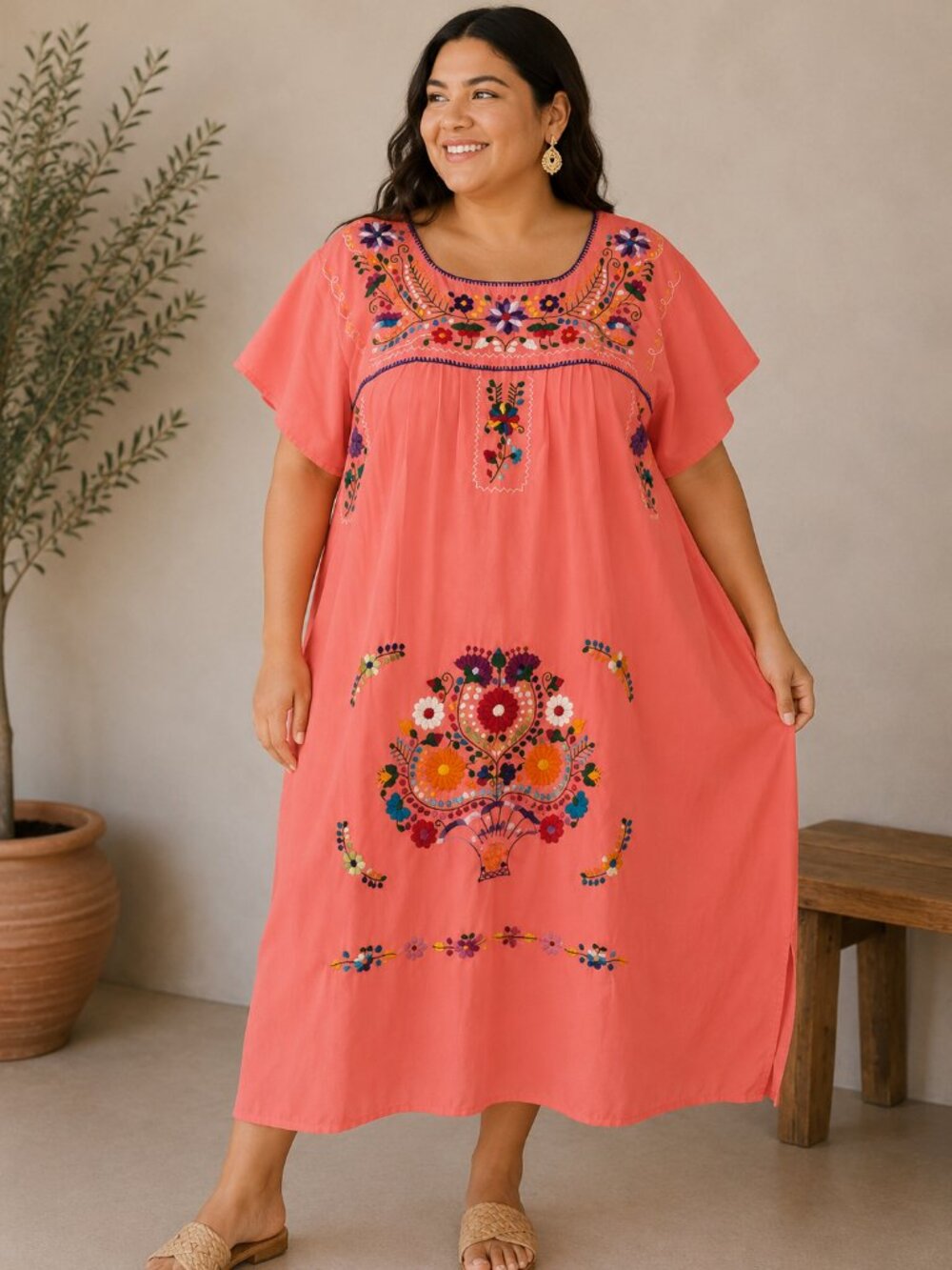 Hand-Embroidered Coral Mexican Dress